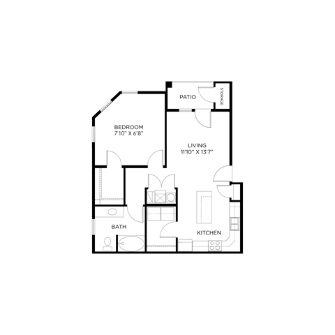 Floor plan for 1 bed, 1 bath, 804 sqft